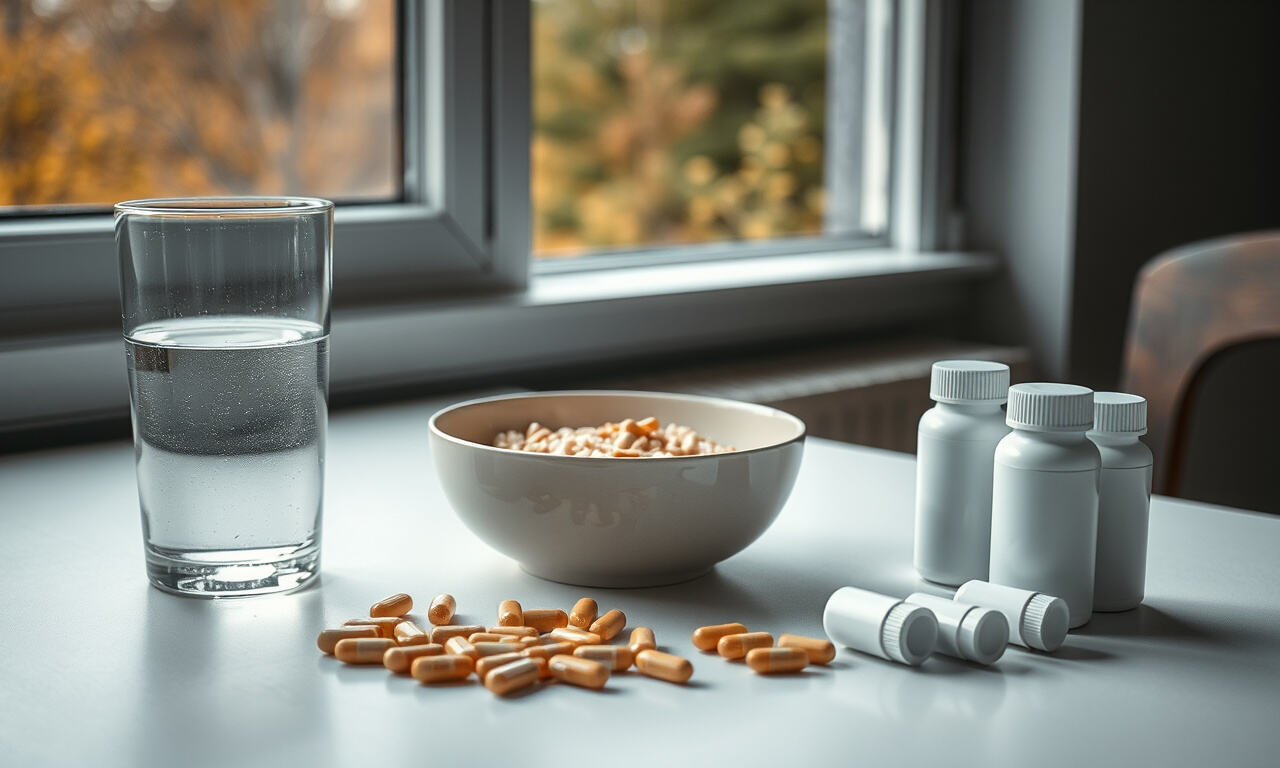 Vitamiinitabletteja ja kapseli lasin veden sekä aamiaiskulhon vieressä keittiönpöydällä tumman syysikkunan edessä