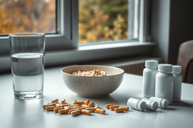 Vitamiinitabletteja ja kapseli lasin veden sekä aamiaiskulhon vieressä keittiönpöydällä tumman syysikkunan edessä