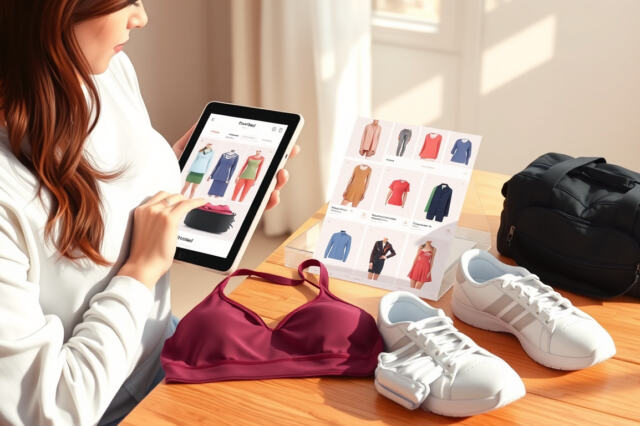 Nainen selaa verkkokauppaa tabletilla pöydän äärellä, vierellä urheiluvaatteita, kenkiä ja urheilukassi