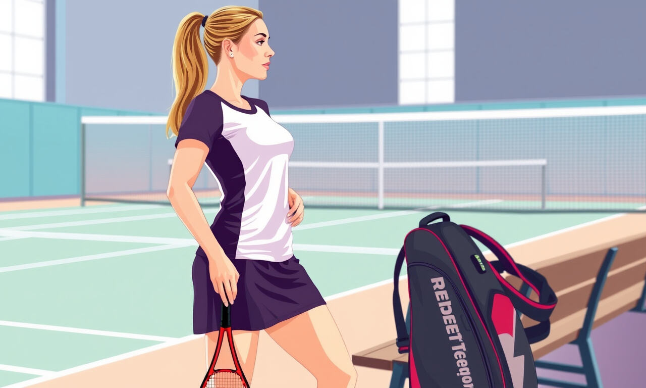 Nainen padelkentän vierellä teknisessä paidassa ja sisäshortsilla varustetussa hameessa, padelmaila kädessä.