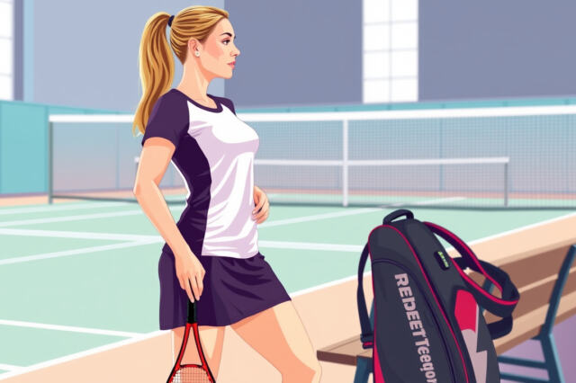 Nainen padelkentän vierellä teknisessä paidassa ja sisäshortsilla varustetussa hameessa, padelmaila kädessä.