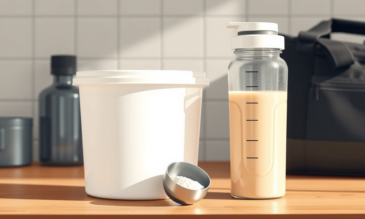 Avoin, merkitön mass gainer -jauhetölkki mittalusikalla ja shakerpullo pöydällä treenilaukun vieressä.