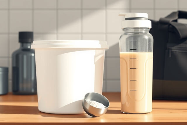 Avoin, merkitön mass gainer -jauhetölkki mittalusikalla ja shakerpullo pöydällä treenilaukun vieressä.