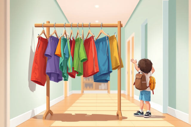 Värikkäitä lasten shortseja ripustettuna telineeseen eteisessä lapsen ollessa valitsemassa niistä sopivaa paria.