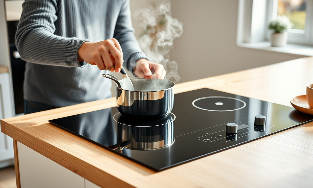 Musta 60 cm induktiokeittotaso valkoisella työtasolla, jonka päälle ihminen asettaa induktiokelpoisen kattilan höyryn noustessa.