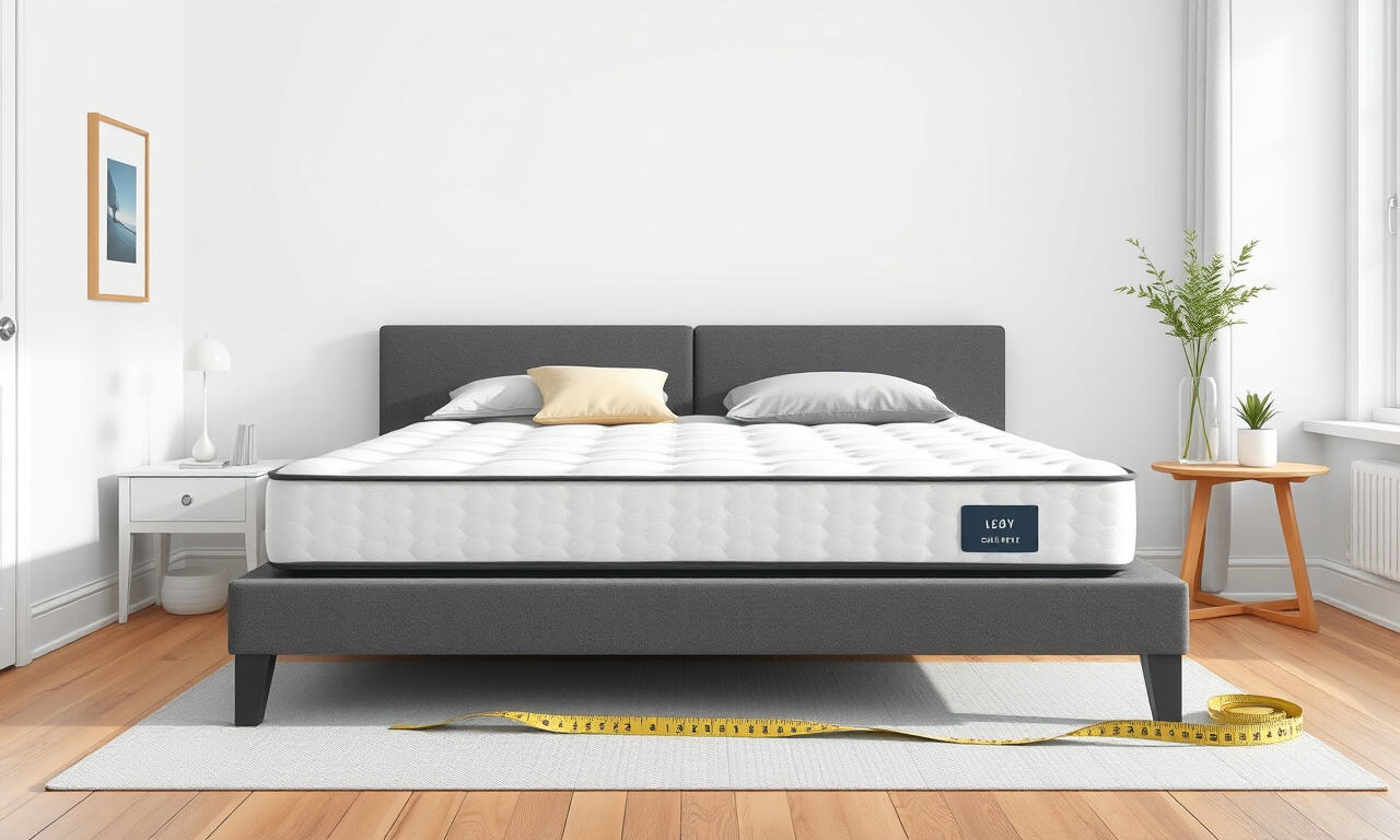Leveä 180x200 cm:n jenkkisänky makuuhuoneessa, jonka vieressä lattialla on mittanauha tilan mittaamista varten.