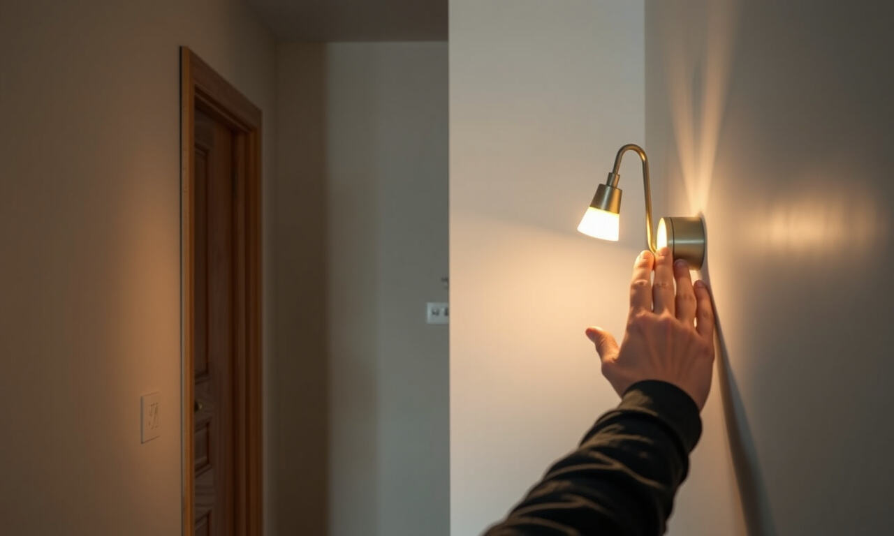 Ladattava LED-seinävalaisin seinässä lämpimässä sisävalaistuksessa, henkilö säätää valaisinta.