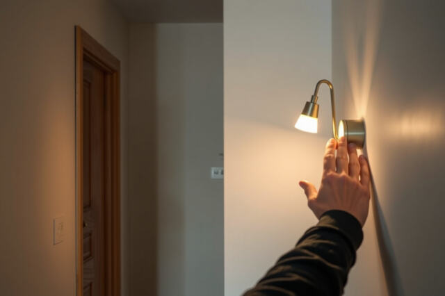Ladattava LED-seinävalaisin seinässä lämpimässä sisävalaistuksessa, henkilö säätää valaisinta.