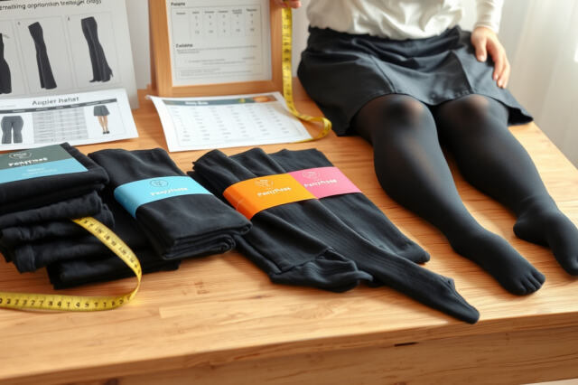 Taiteltuja sukkahousuja pöydällä mittanauhan, kokotaulukon ja hameasun vieressä kodin valoisaan pukeutumishetkeen.