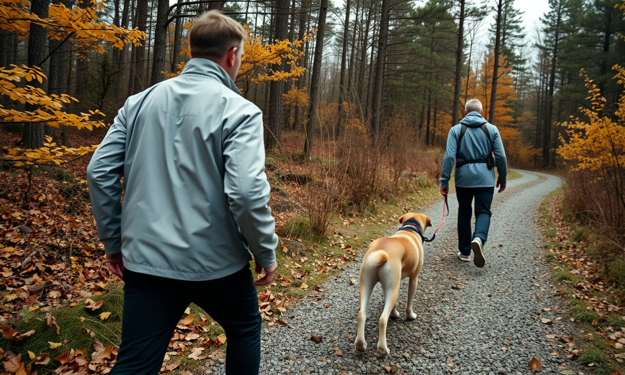 Henkilö hupullisessa softshell-takissa kävelee koiran kanssa polulla tuulisena syyspäivänä.