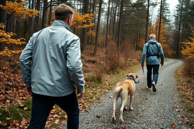 Henkilö hupullisessa softshell-takissa kävelee koiran kanssa polulla tuulisena syyspäivänä.