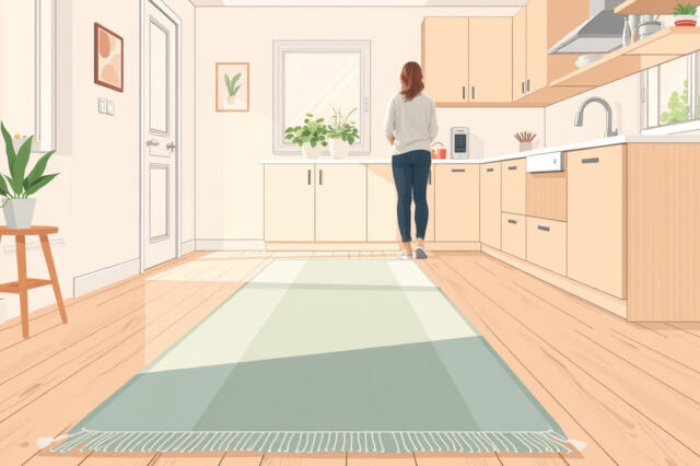Kapea juoksumatto keittiön lattialla työtason edessä, henkilö seisoo tiskialtaan ääressä valoisassa keittiössä