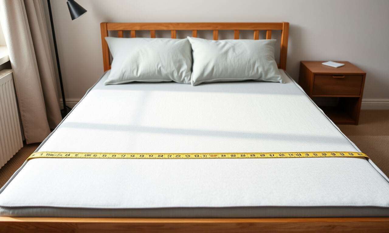 Kapea 75 cm leveä sänky, jonka päällä on vaalea taittopatja, ja mittanauha patjan leveyden mittauksessa valoisassa makuuhuoneessa.
