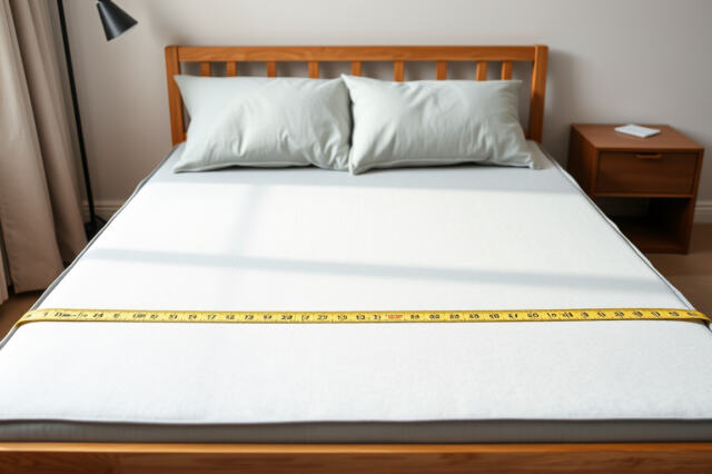 Kapea 75 cm leveä sänky, jonka päällä on vaalea taittopatja, ja mittanauha patjan leveyden mittauksessa valoisassa makuuhuoneessa.