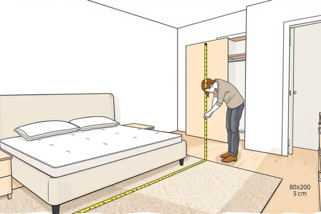 Yksityishenkilö mittaa mittanauhalla lattiaa pienessä makuuhuoneessa, jossa on verhoiltu 80x200 cm sängynrunko ja vieressä kaappi