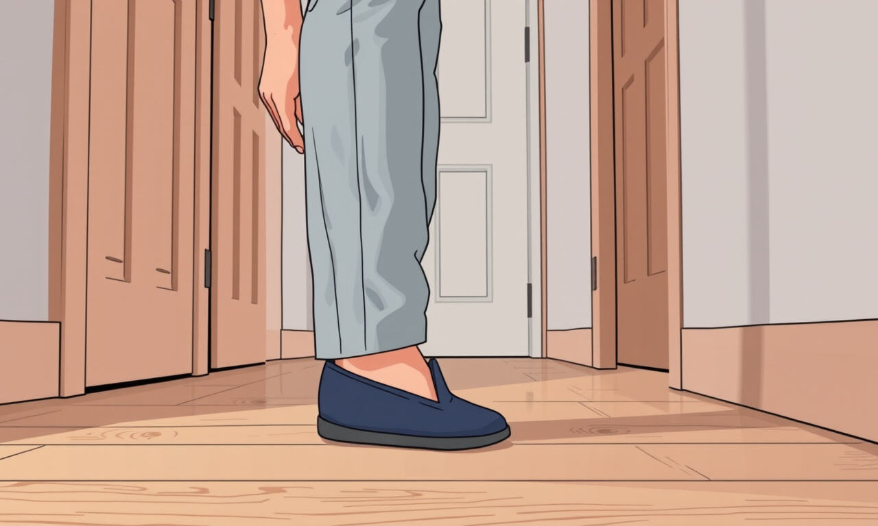 Mies pukee loafer-tyyppisen slip on -kengän jalkaansa eteisessä kumartumatta, kengät puulattialla