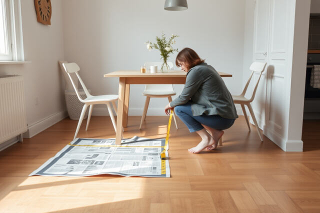 Kompakti neljän hengen ruokailuryhmä pienen keittiön nurkassa; henkilö merkitsee lattialle sanomalehtipaloista pöydän ääriviivoja ja mittaa mittoja mittanauhalla.