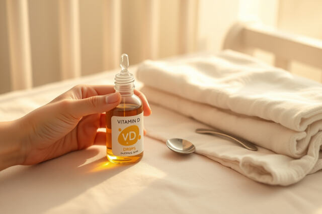 Pieni D-vitamiinitippapullo pipetillä vauvan vaatepöydällä, vanhemman käsi pientä lusikkaa vieressä