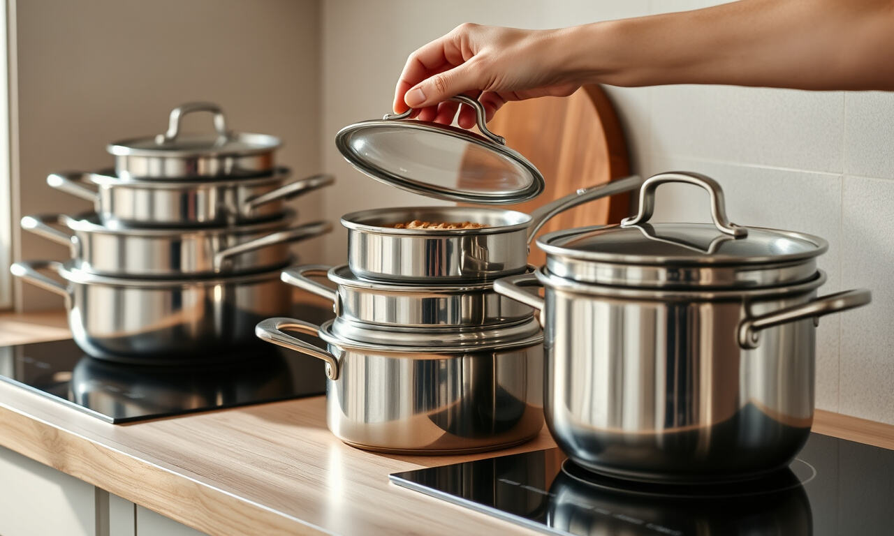 Erikokoisia teräskattiloita lasikansineen keittiön tiskillä induktiolieden vieressä, yhtä kantta nostamassa käsi.