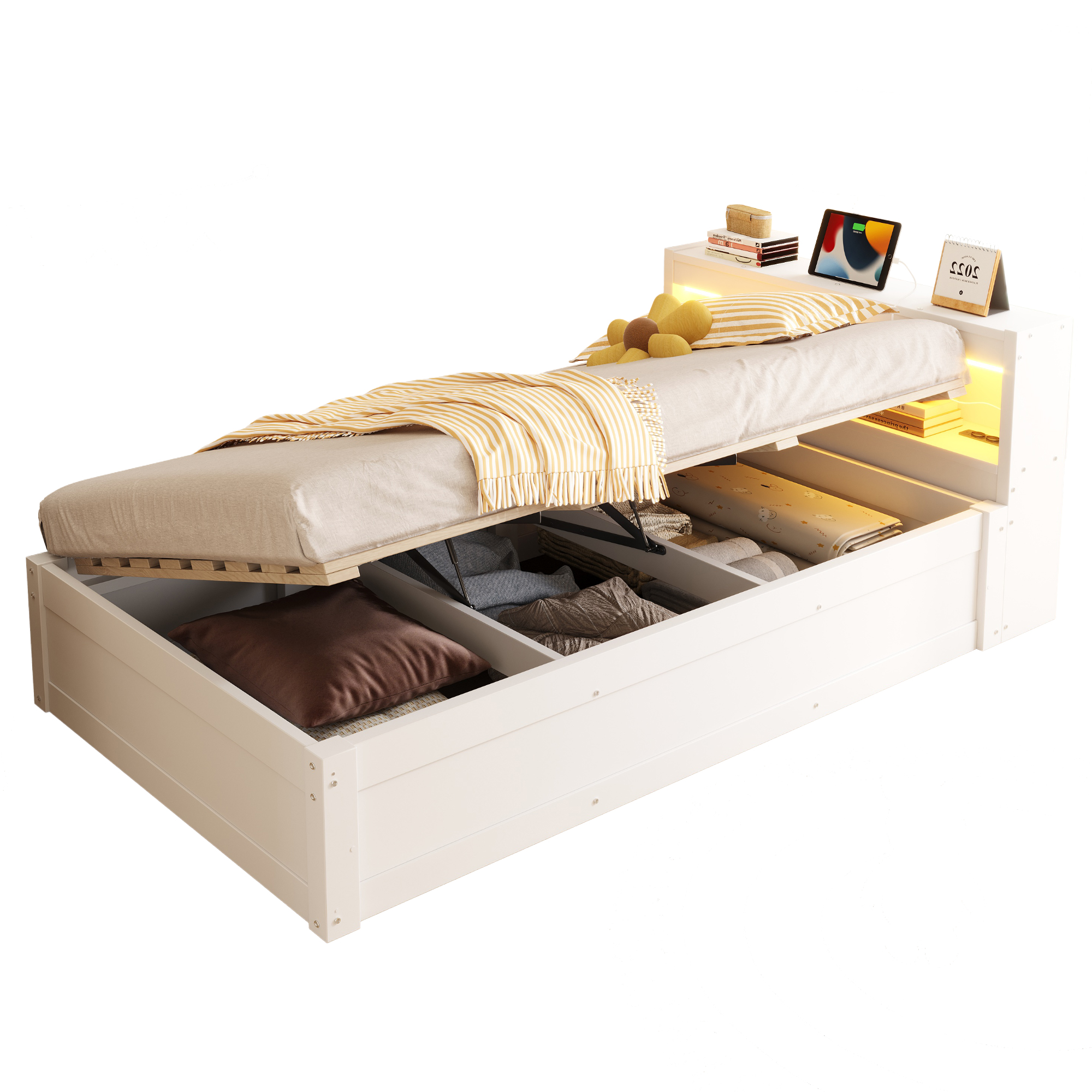 Sänky 90x200 cm hydraulisella mekanismilla ja LED-valaistuksella, valkoinen MDF