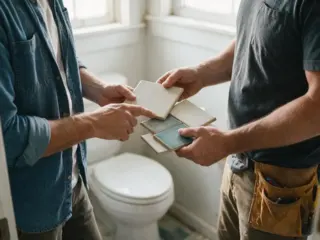 Kylpyhuoneen remonttia suunnitellaan materiaalinäytteiden avulla.