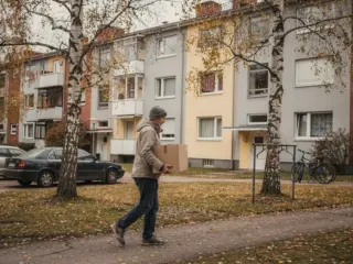 Kerrostaloja ja jalankulkijoita suomalaisella asuinalueella.