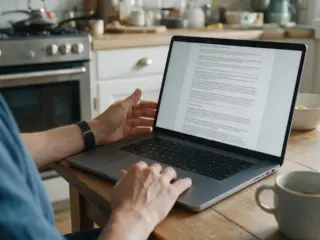 Henkilö lukee palvelun ehtoja kannettavalta tietokoneelta.