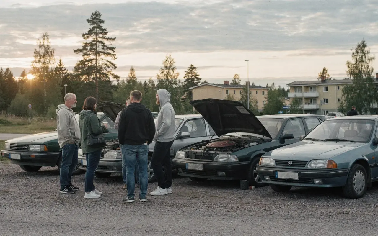 Autoharrastajat keskustelevat pysäköityjen autojen vieressä.