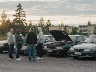 Autoharrastajat keskustelevat pysäköityjen autojen vieressä.