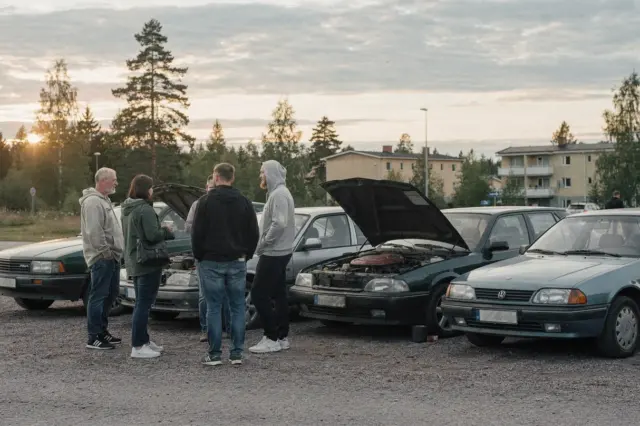 Autoharrastajat keskustelevat pysäköityjen autojen vieressä.