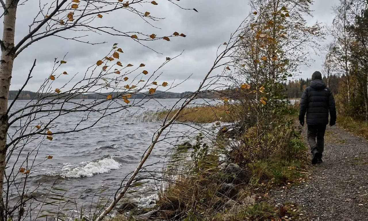 Tuuli liikuttaa puiden oksia järven rannalla.