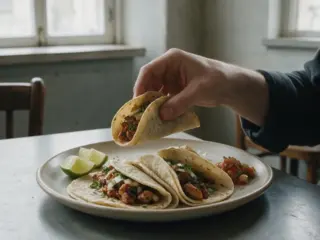 Tacoja ja lisukkeita ravintolapöydällä.