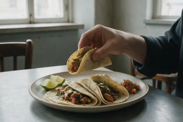 Tacoja ja lisukkeita ravintolapöydällä.