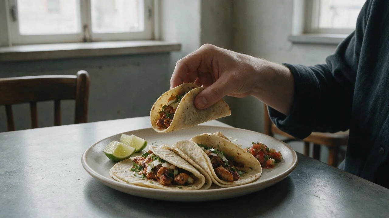 Tacoja ja lisukkeita ravintolapöydällä.