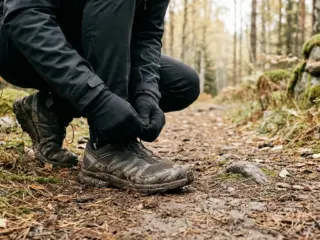 Polkujuoksija sitoo kenkiensä nauhat.
