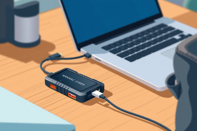 Kompakti ulkoinen SSD-kovalevy USB-C-kaapelilla kiinnitettynä kannettavaan tietokoneeseen pöydällä, vieressä kameranlaukku matkakäytön kuvastoa.
