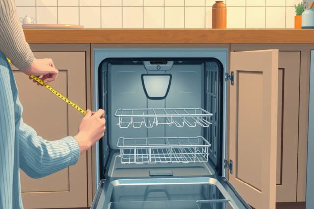 Ihminen mittaa mittoja kalusteaukosta, jossa astianpesukone on ovineen auki keittiön kaapistossa