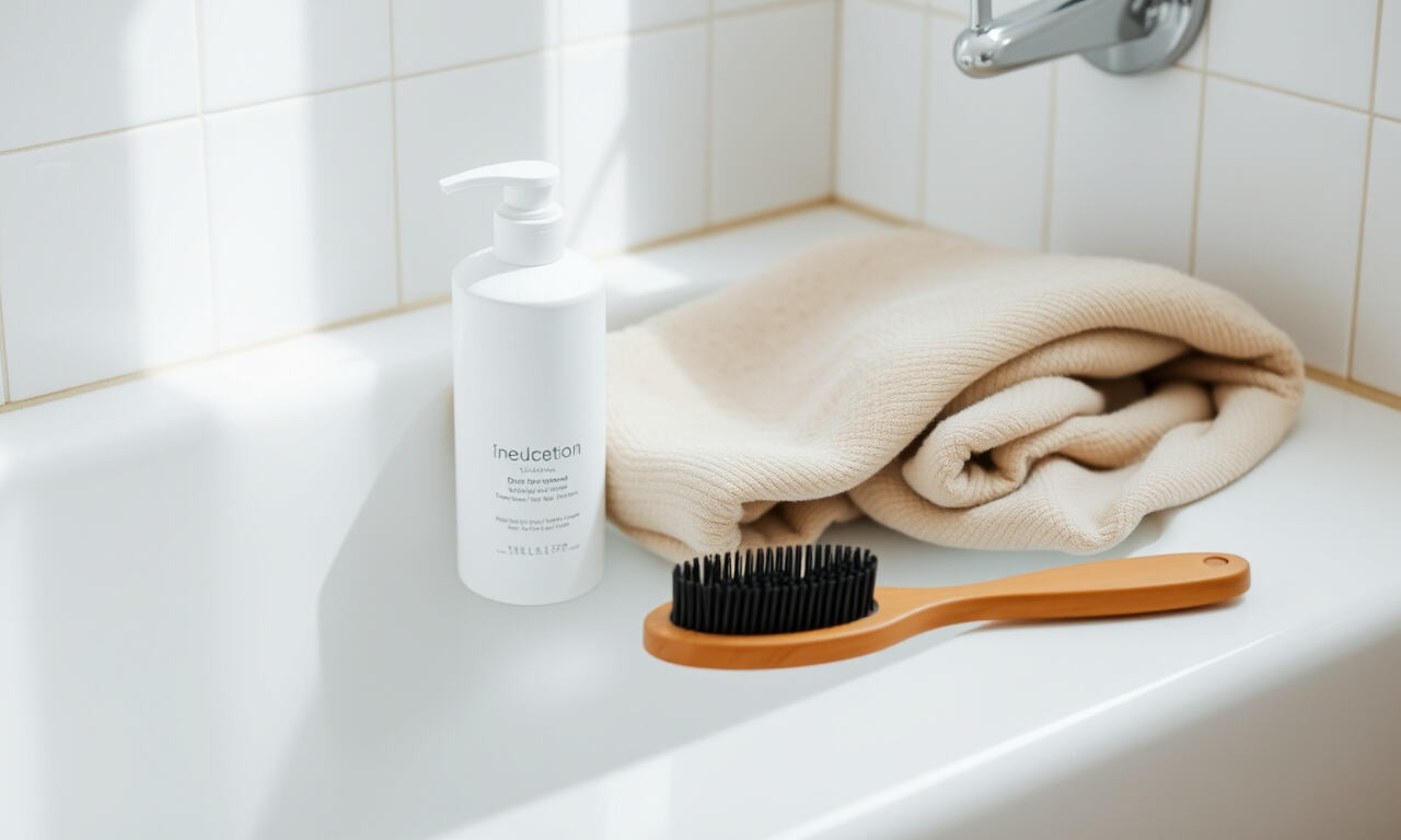 Tavaton shampoo-pullo pyyhkeen ja hiusharjan vieressä kylpyhuoneen kaiteellä pehmeässä valossa