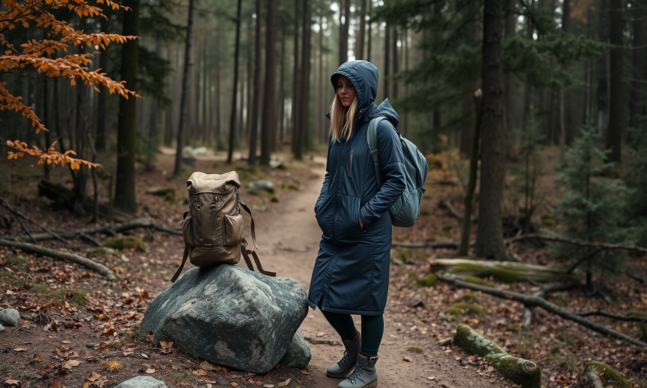 Nainen tauolla metsäpolulla pitkässä, hupullisessa retkeilytakissa repun vieressä