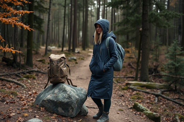 Nainen tauolla metsäpolulla pitkässä, hupullisessa retkeilytakissa repun vieressä
