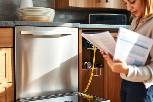 Rosteriovinen astianpesukone keittiön kaapistojen välissä, vierellä mittanauha ja tuotetietoja vertaileva henkilö