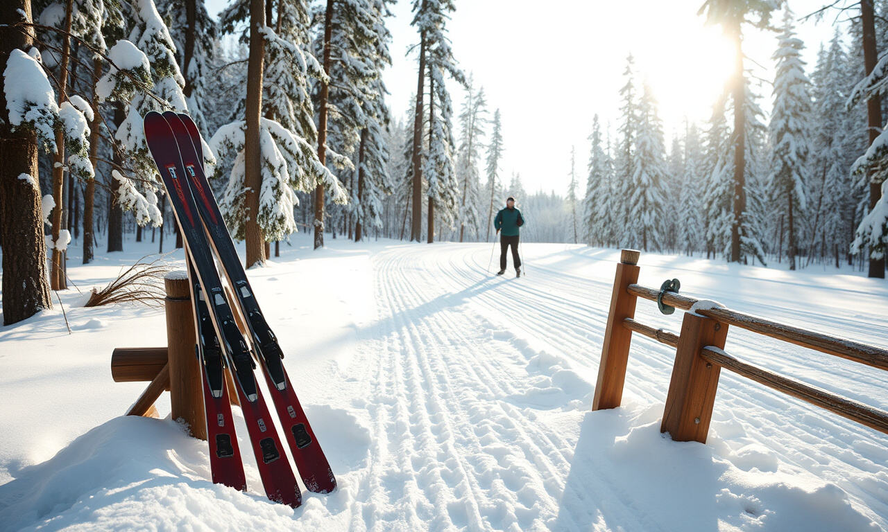 Skin-pohjaiset maastohiihtosukset ladun varrella puurakennelman vieressä lumisessa metsässä, hiihtäjä taustalla.