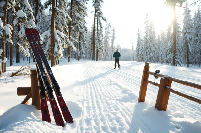 Skin-pohjaiset maastohiihtosukset ladun varrella puurakennelman vieressä lumisessa metsässä, hiihtäjä taustalla.