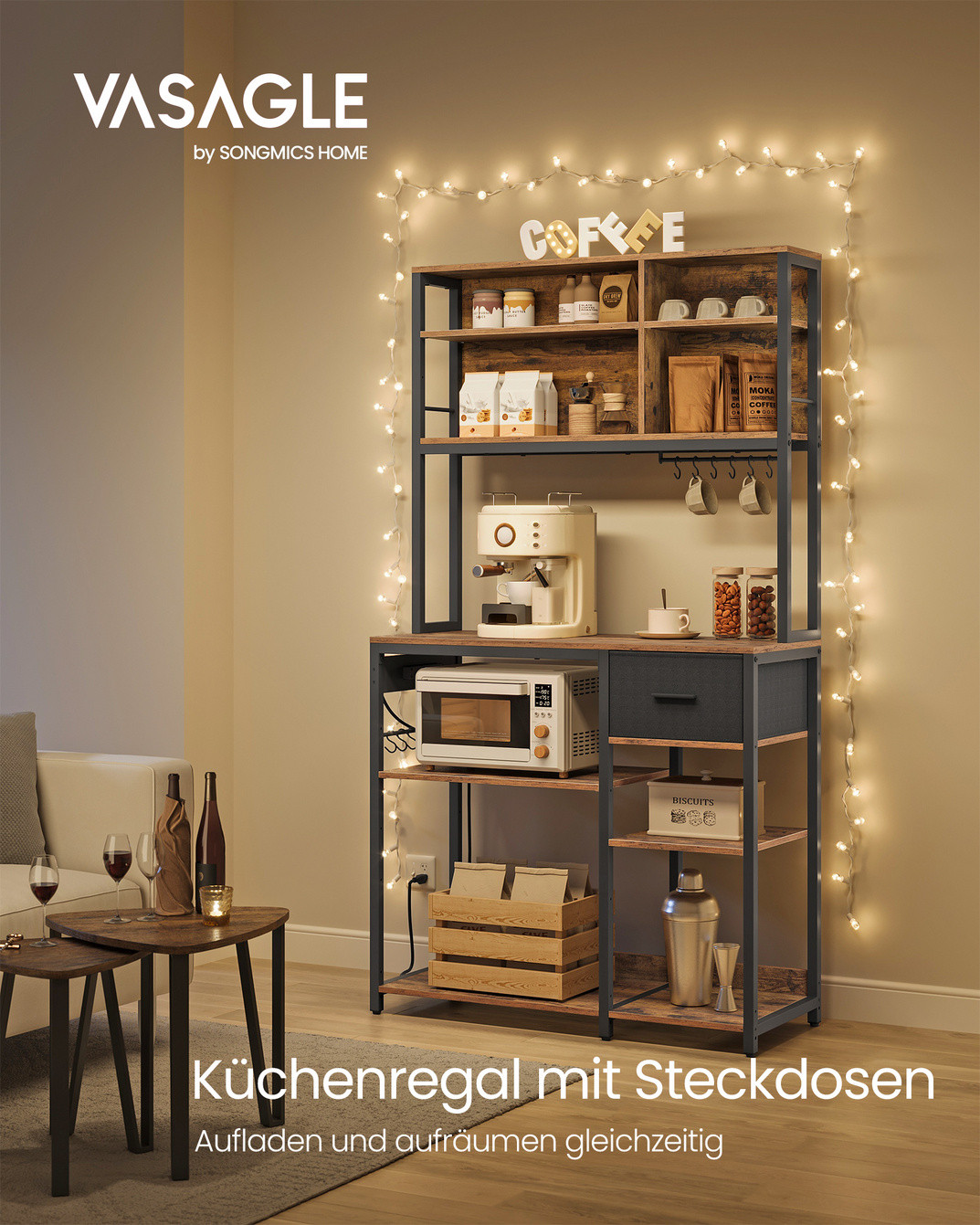 Vasagle keittiöhylly, rustiikinruskea/musta, KKS027K02